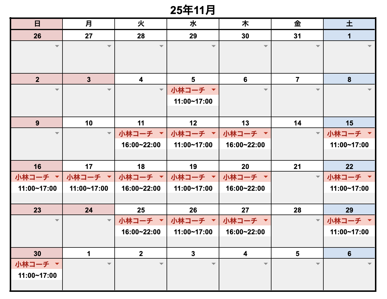 11月レッスンスケジュール